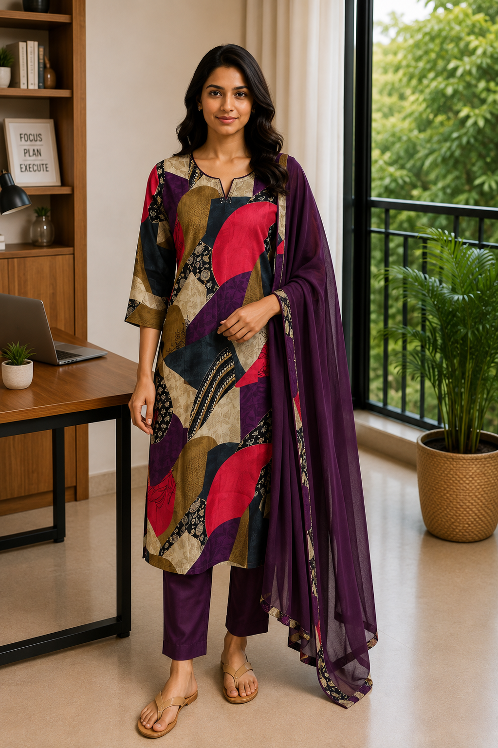 Casual Wear Kurti Set paired with Chiffon Dupatta