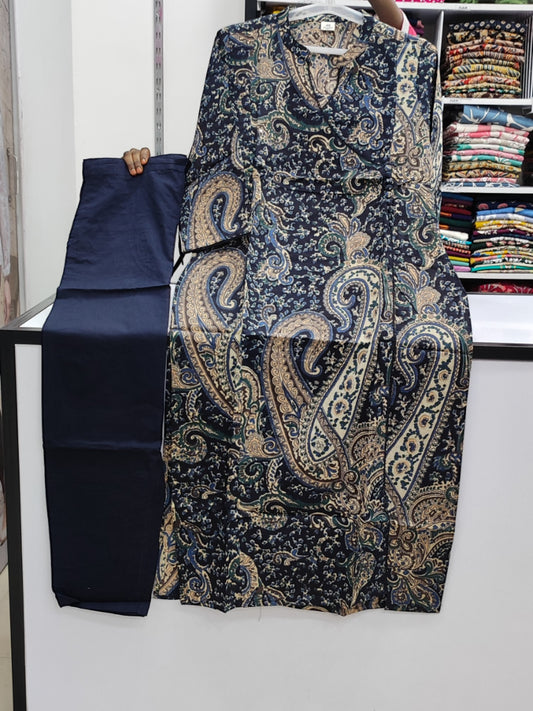 Angrakha Style Cotton Pant Set - Black Kalamkari Print (KP01)