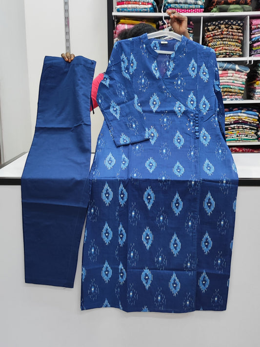 Angrakha Style Cotton Pant Set - Blue Ikkat Print  (KP01)