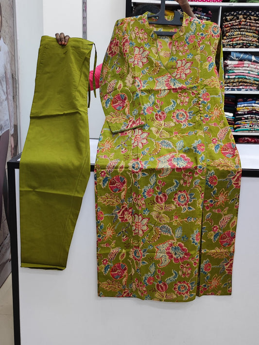 Angrakha Style Cotton Pant Set - Green Floral (KP01)