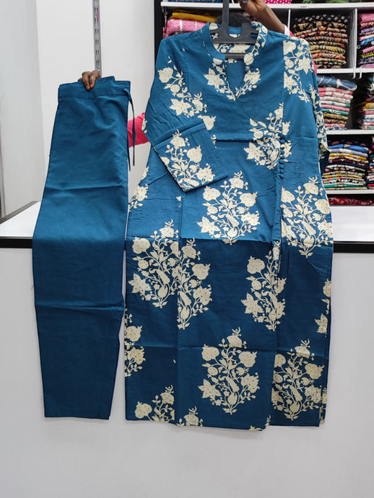 Angrakha Style Cotton Pant Set - Blue Floral Print  (KP01)