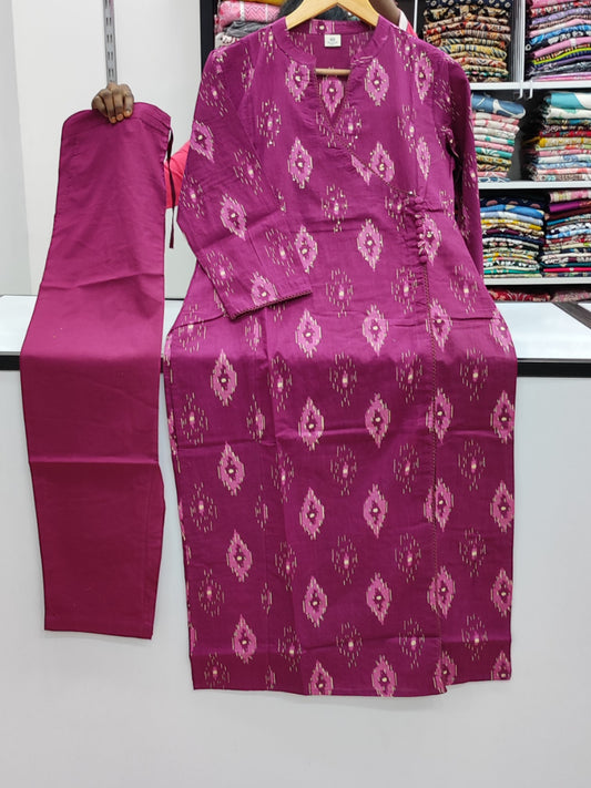 Angrakha Style Cotton Pant Set - Magentha Ikkat Print  (KP01)