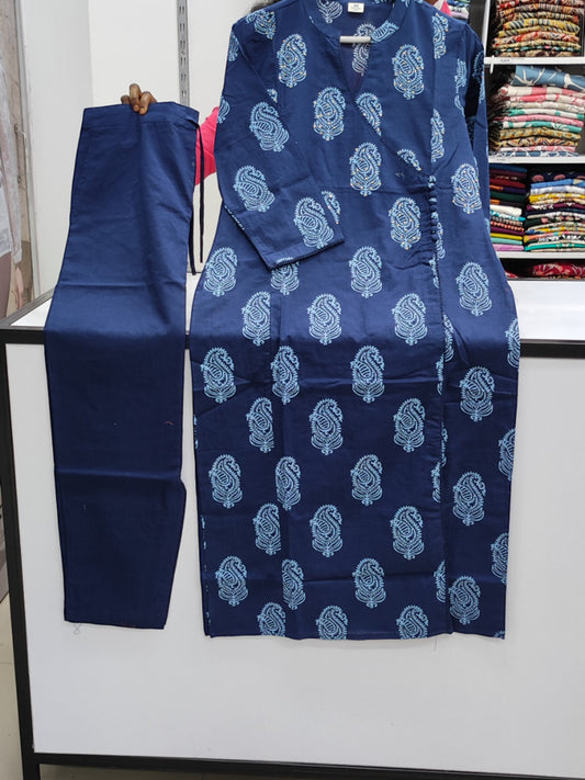 Angrakha Style Cotton Pant Set - Navy Blue (KP01)