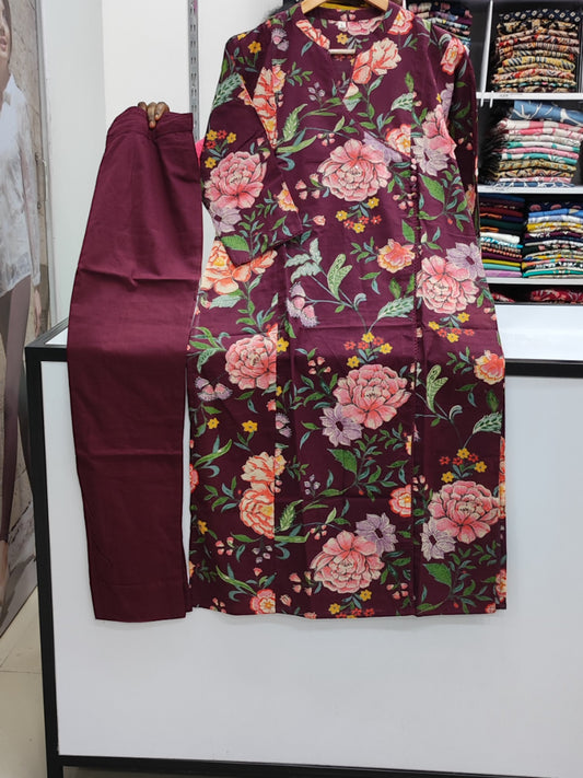 Angrakha Style Cotton Pant Set - Maroon Floral (KP01)