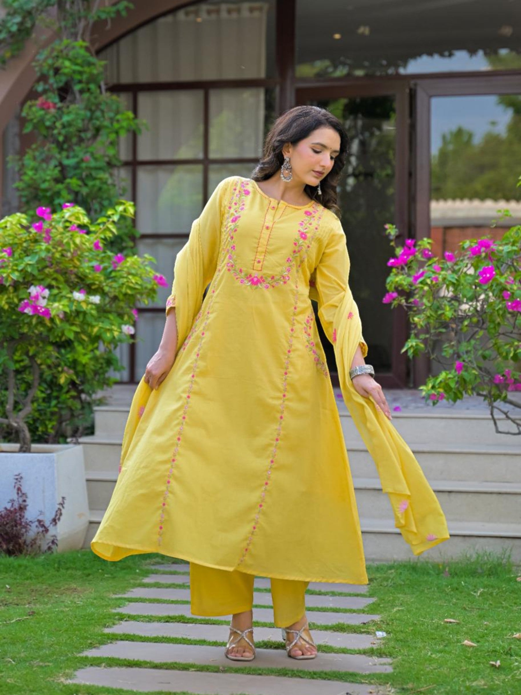 Premium Mull Cotton Embroidered A-Line Set