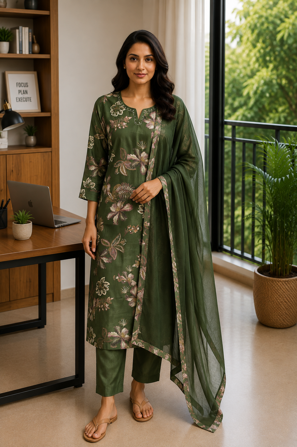 Casual Wear Kurti Set paired with Chiffon Dupatta