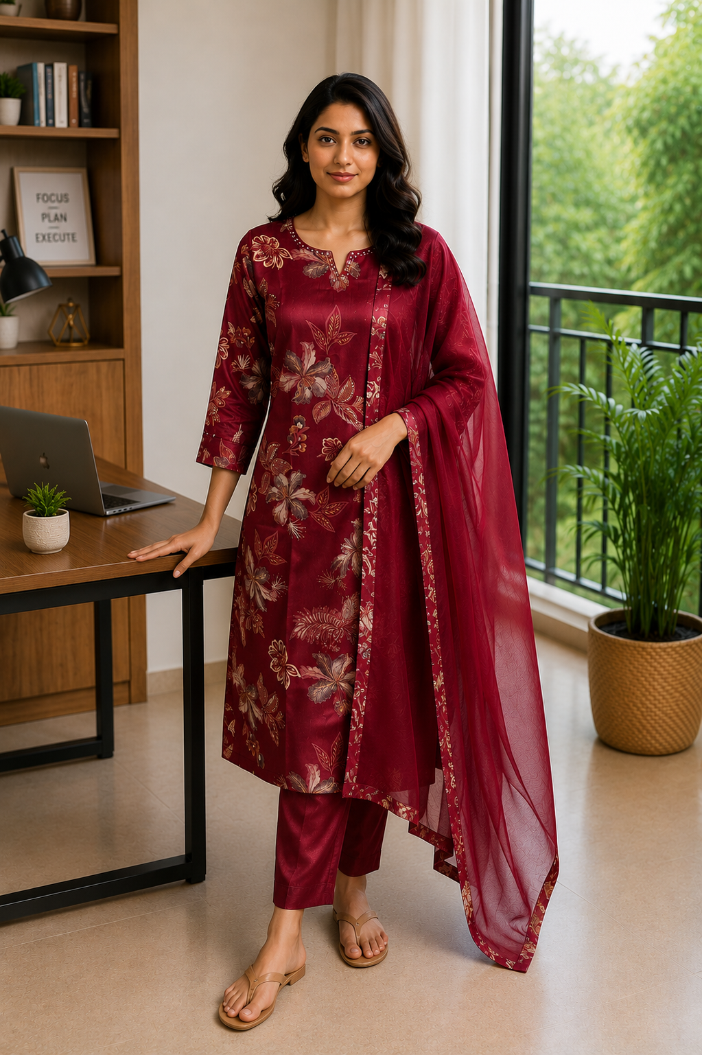 Casual Wear Kurti Set paired with Chiffon Dupatta