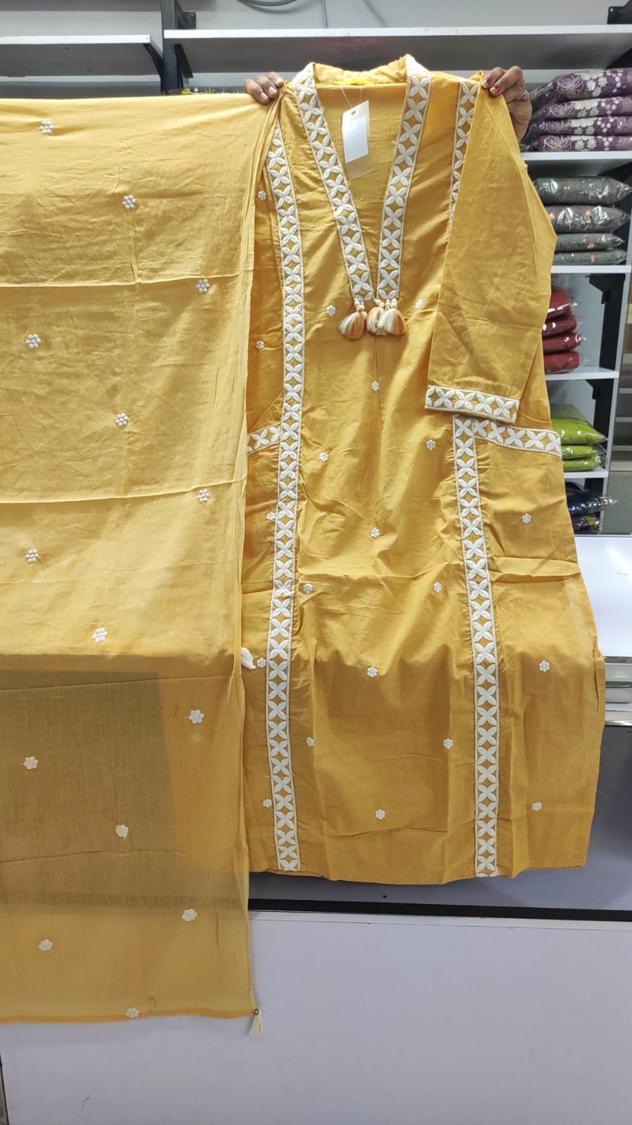 Yello Kurti Set - Embriodery - V Neck