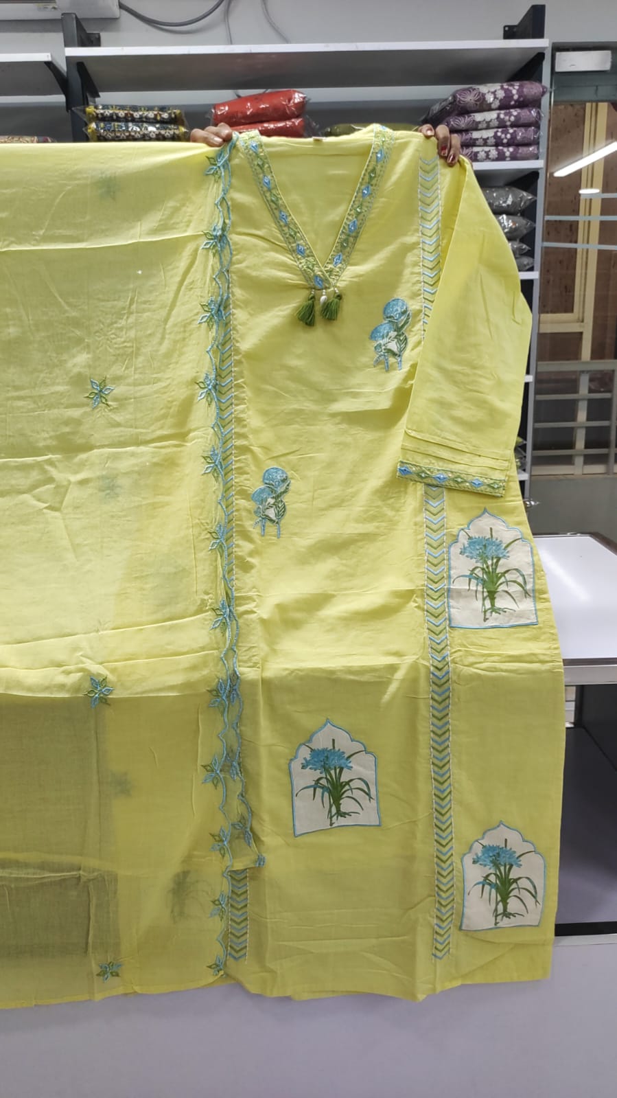 Lemon Yellow Kurti Set - V Neck