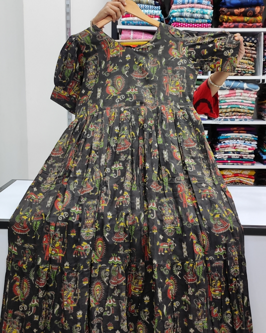 Pure Cotton Kalamkari Frock - Black + Red (KC93)