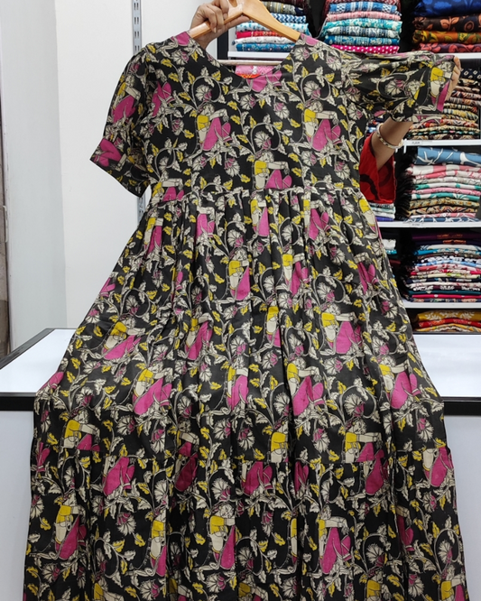 Pure Cotton Kalamkari Frock - Black + Pink  (KC93)