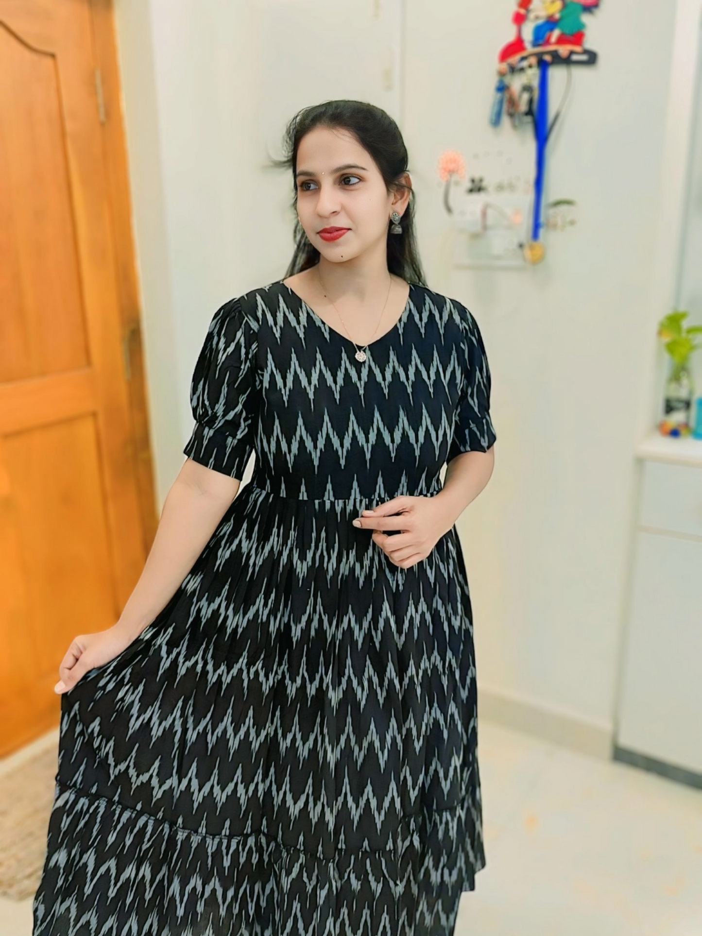 Pure Ikkat Cotton Midi Dress – Black (8090)