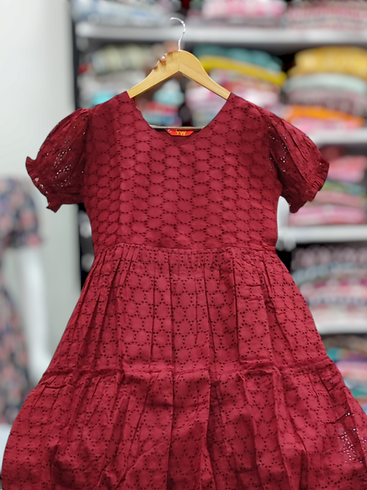 Chikankari Cotton Midi Dress – Maroon (8090)