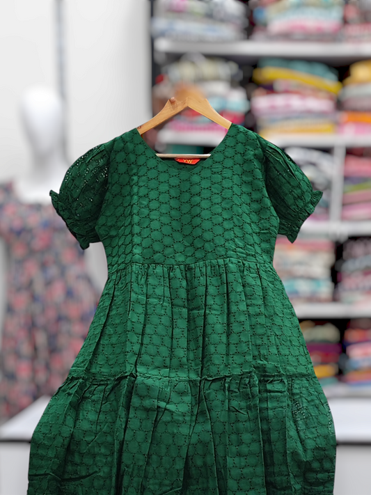 Chikankari Cotton Midi Dress – Green (8090)