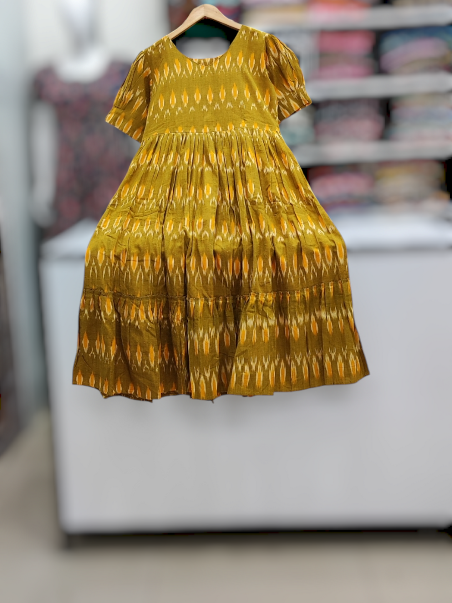 Pure Ikkat Cotton Midi Dress – Mustard Yellow (8090)