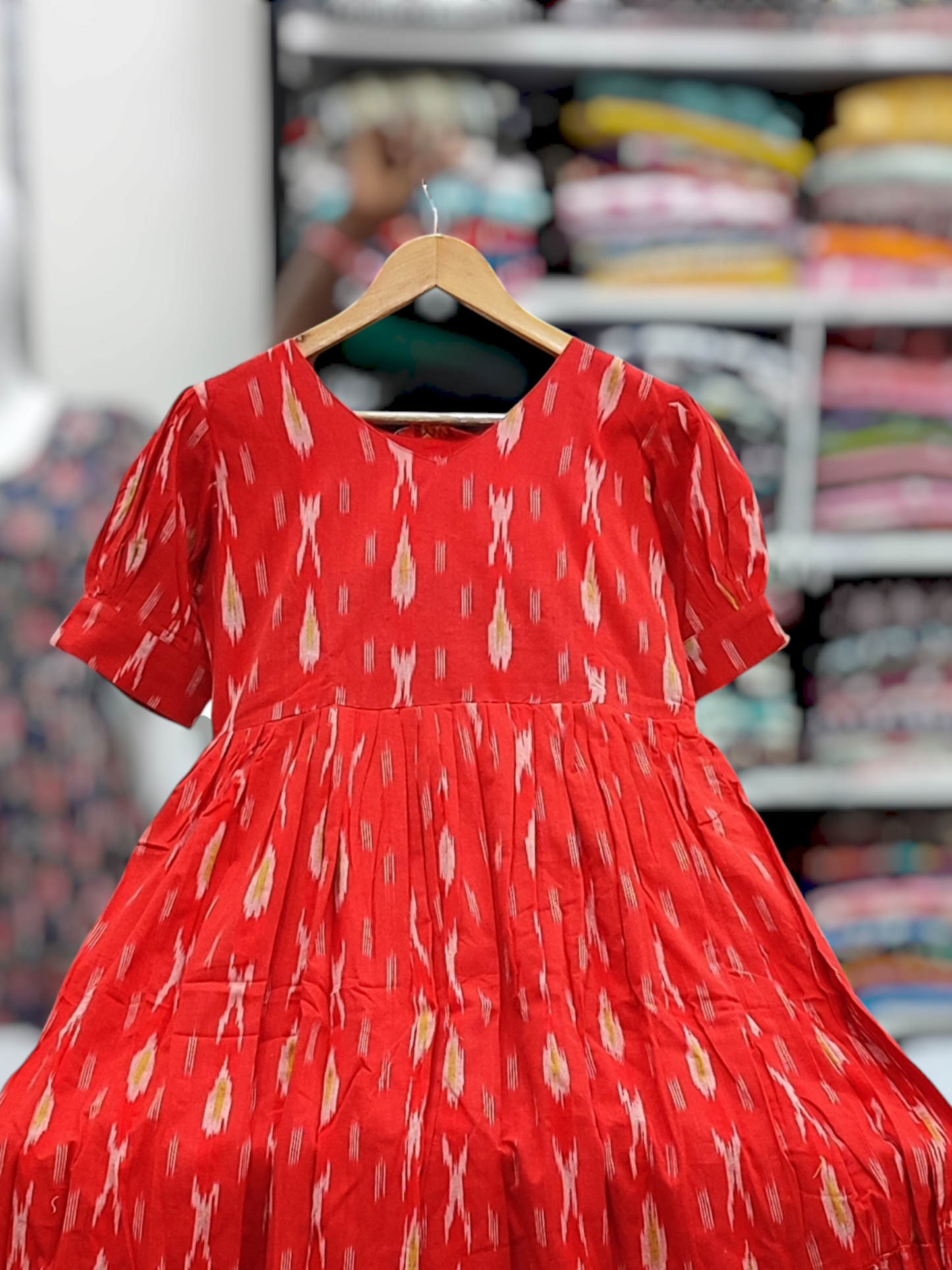 Pure Ikkat Cotton Midi Dress – Red (8090)