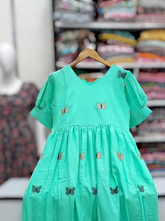 Cotton Flex Butterfly Frock - Light Sea Green (8090)