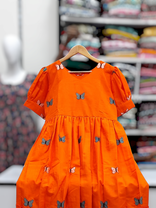 Cotton Flex Butterfly Frock - Orange (8090)