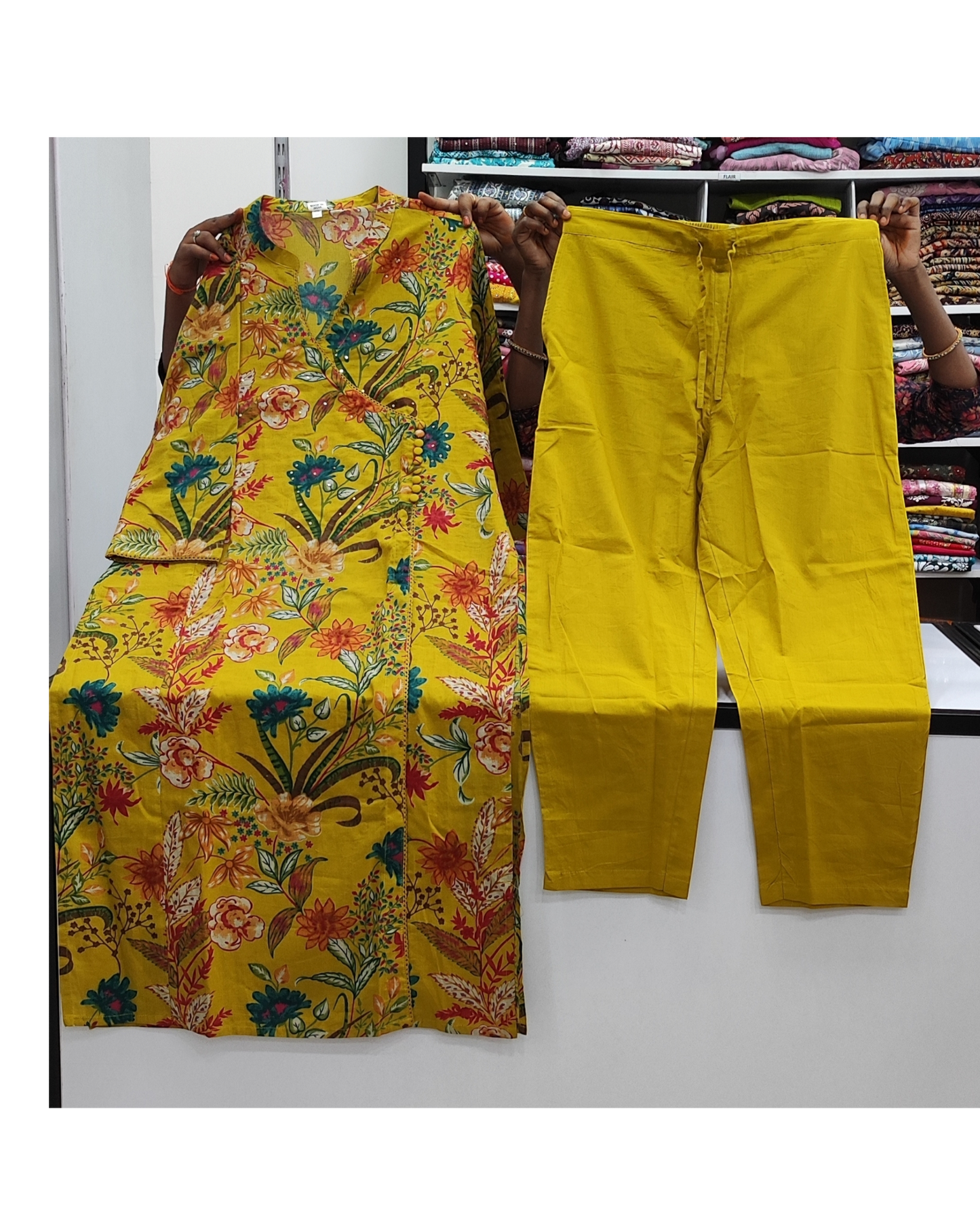 Angrakha Style Cotton Pant Set - Yellow Floral (KP01)