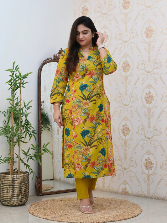 Angrakha Style Cotton Pant Set - Yellow Floral (KP01)